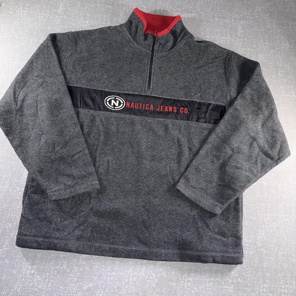 Nautica Jeans Company Sweatshirt Mens 2XL Gray 1/4 Zip Mock Neck Fleece Pullover